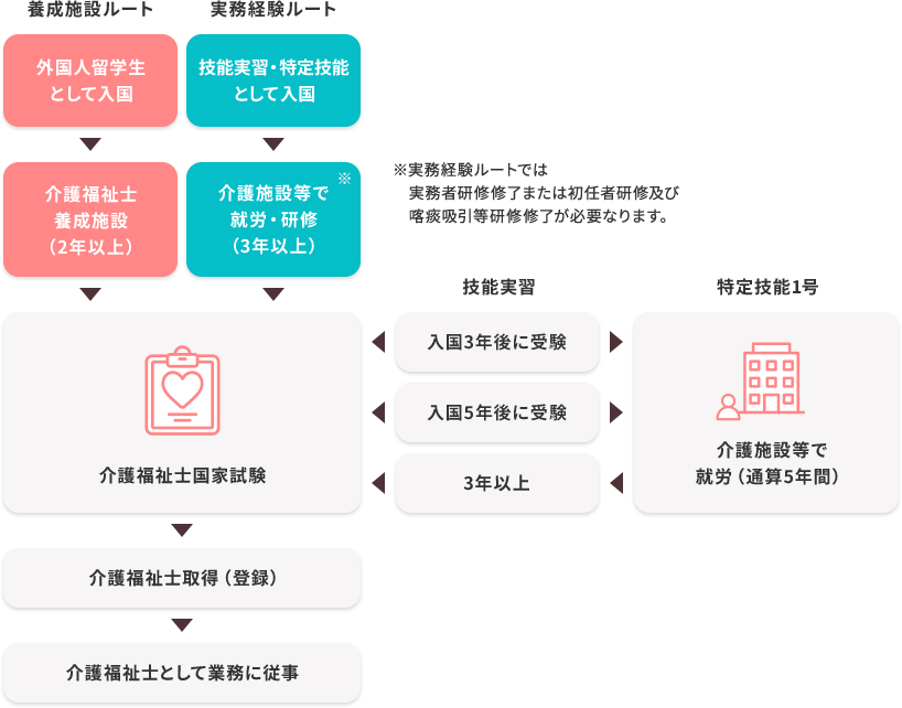 外国人留学生として入国した場合には介護福祉士要請施設で２年以上学んだ上で、介護福祉士国家試験を受験できます。技能実習と特定技能として入国した場合には介護施設等で3年以上就労または研修を受けると介護福祉士国家試験を受験できます。介護福祉士を取得後介護福祉士として業務に従事することができます。